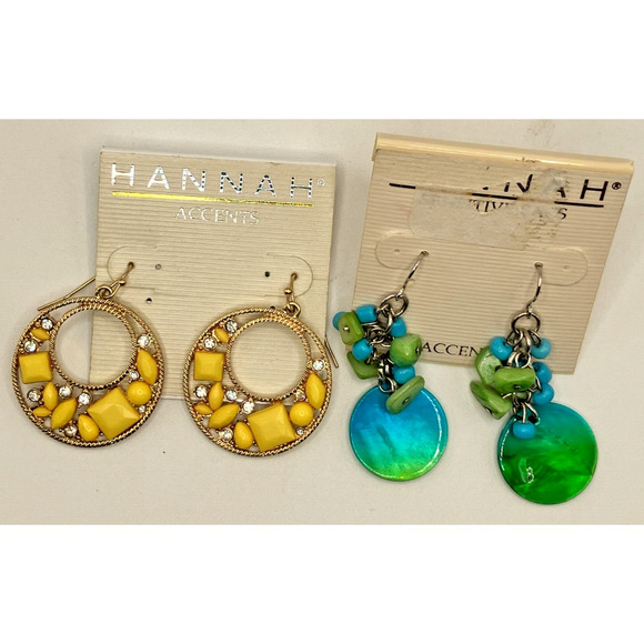 New With Tags! Hannah Accents 2 Dangle Earrings Lot! One Yellow & One Blue/Green - Picture 3 of 6